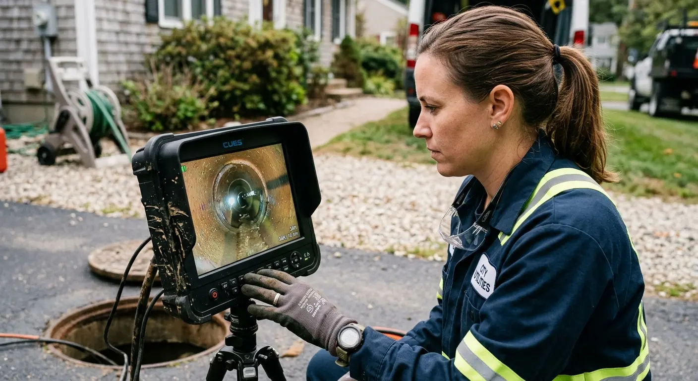 Technician reviewing sewer camera inspection footage in Sunnyvale