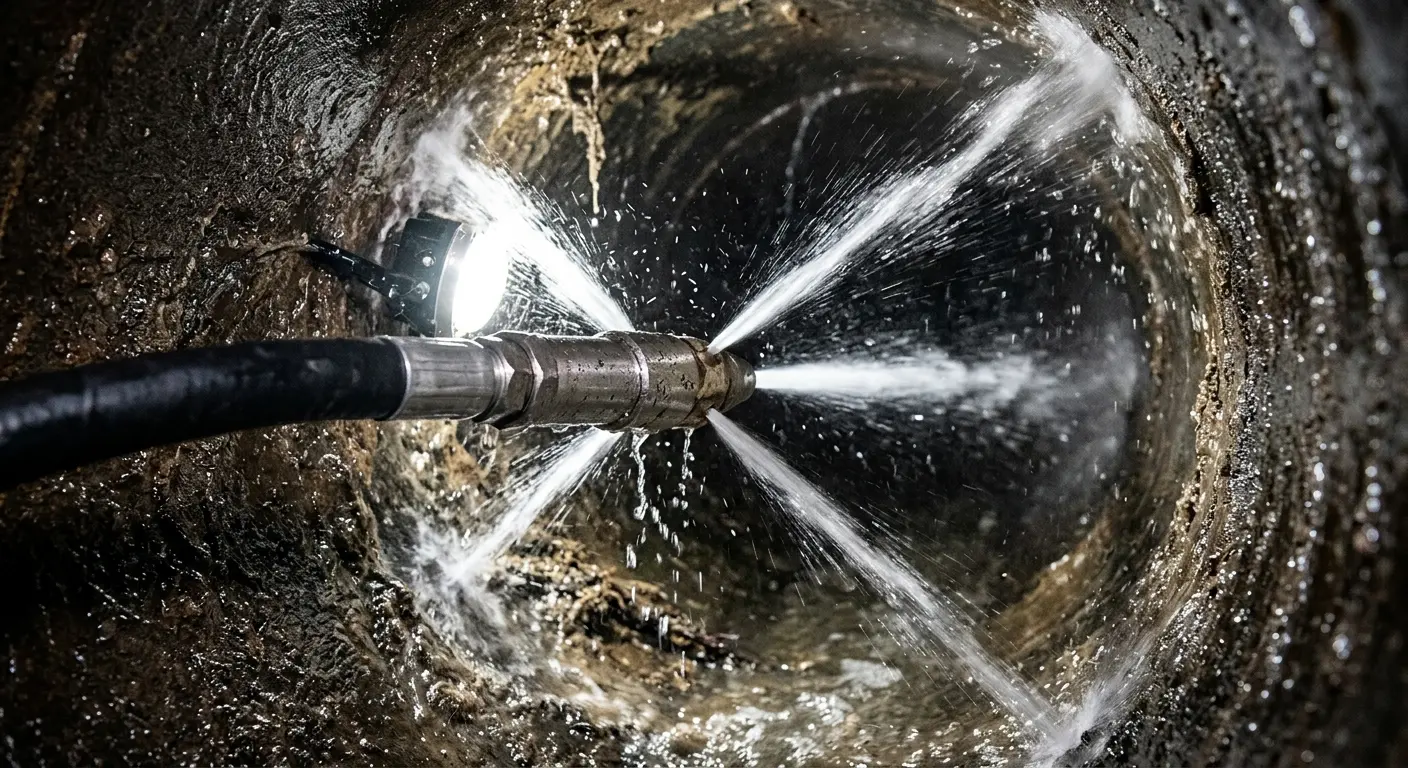 High-pressure hydro jetting nozzle cleaning sewer pipe for Trenchless Sewer Repair in Sunnyvale