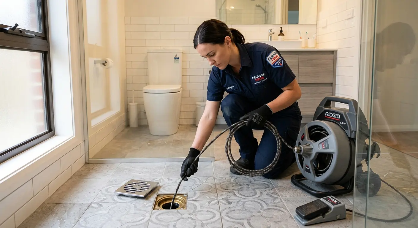 Technician clearing a bathroom floor drain for Sewer Line Replacement in Sunnyvale